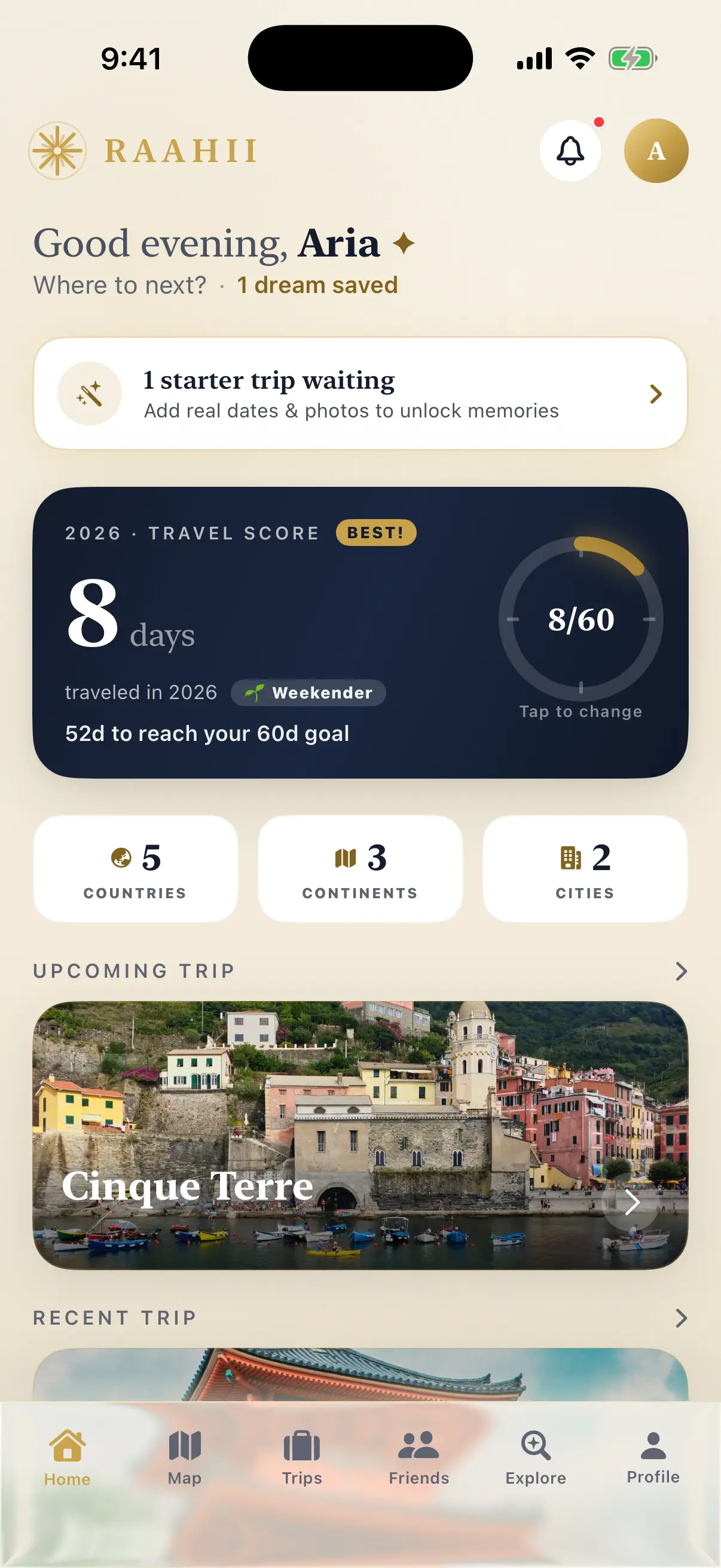 RAAHII home screen showing a good-evening greeting, travel score, and a Cinque Terre trip card