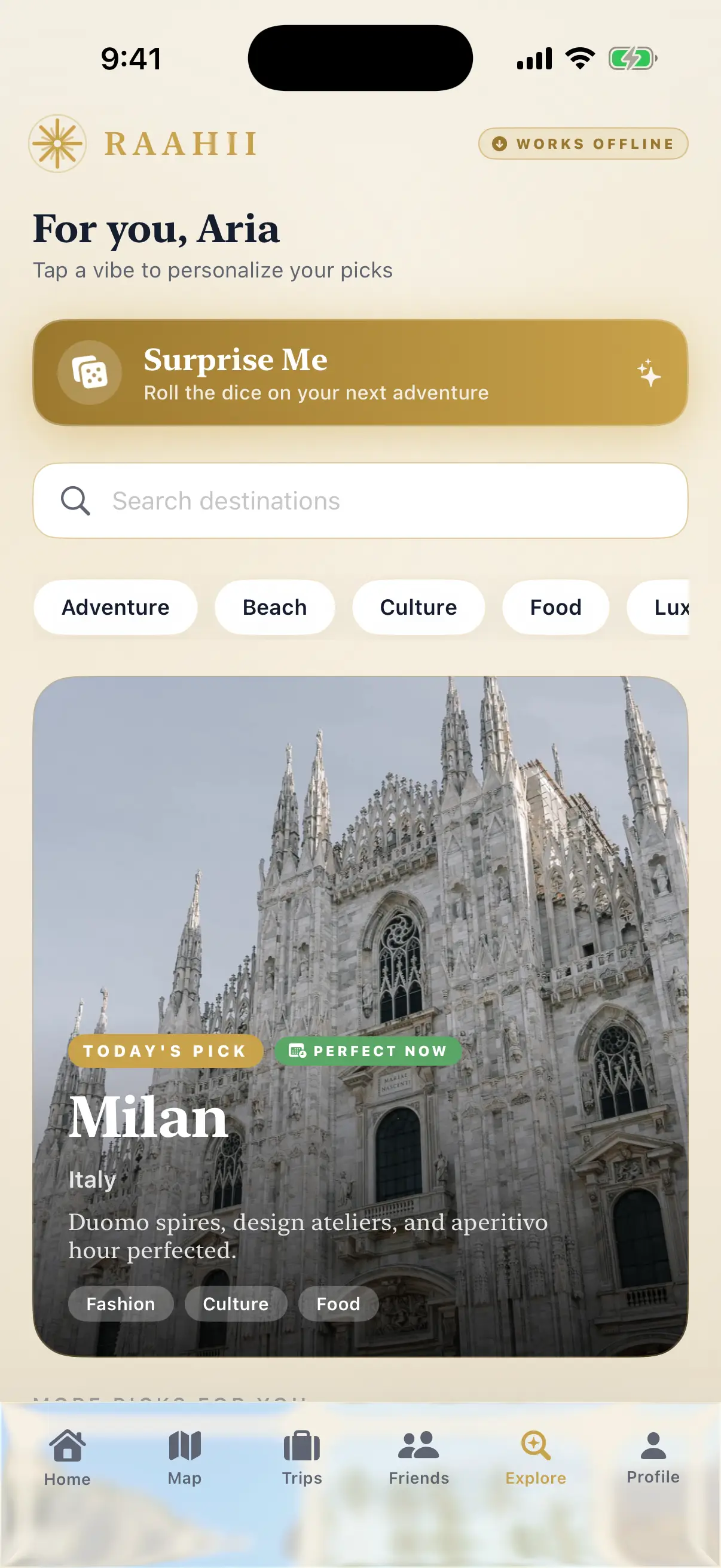 RAAHII explore screen with a personalized For You feed and a Surprise Me destination pick for Milan