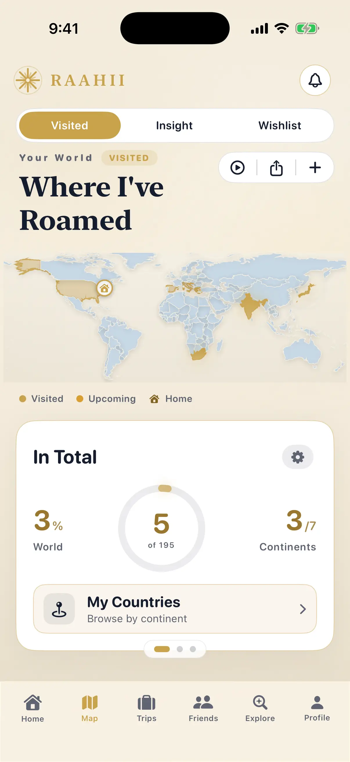 RAAHII map screen showing visited countries lit gold on a world map