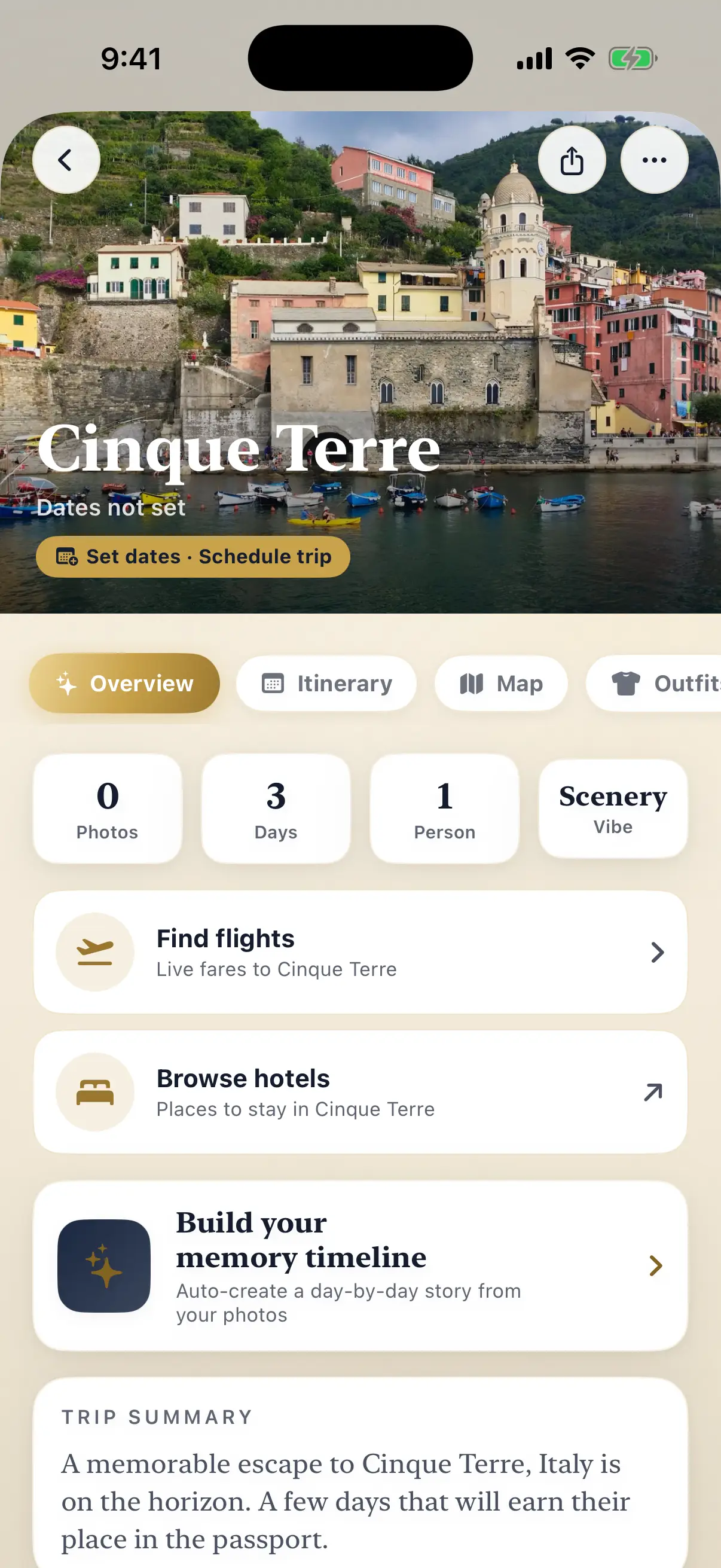 RAAHII trip detail screen for Cinque Terre with options to find flights, browse hotels, and build a memory timeline