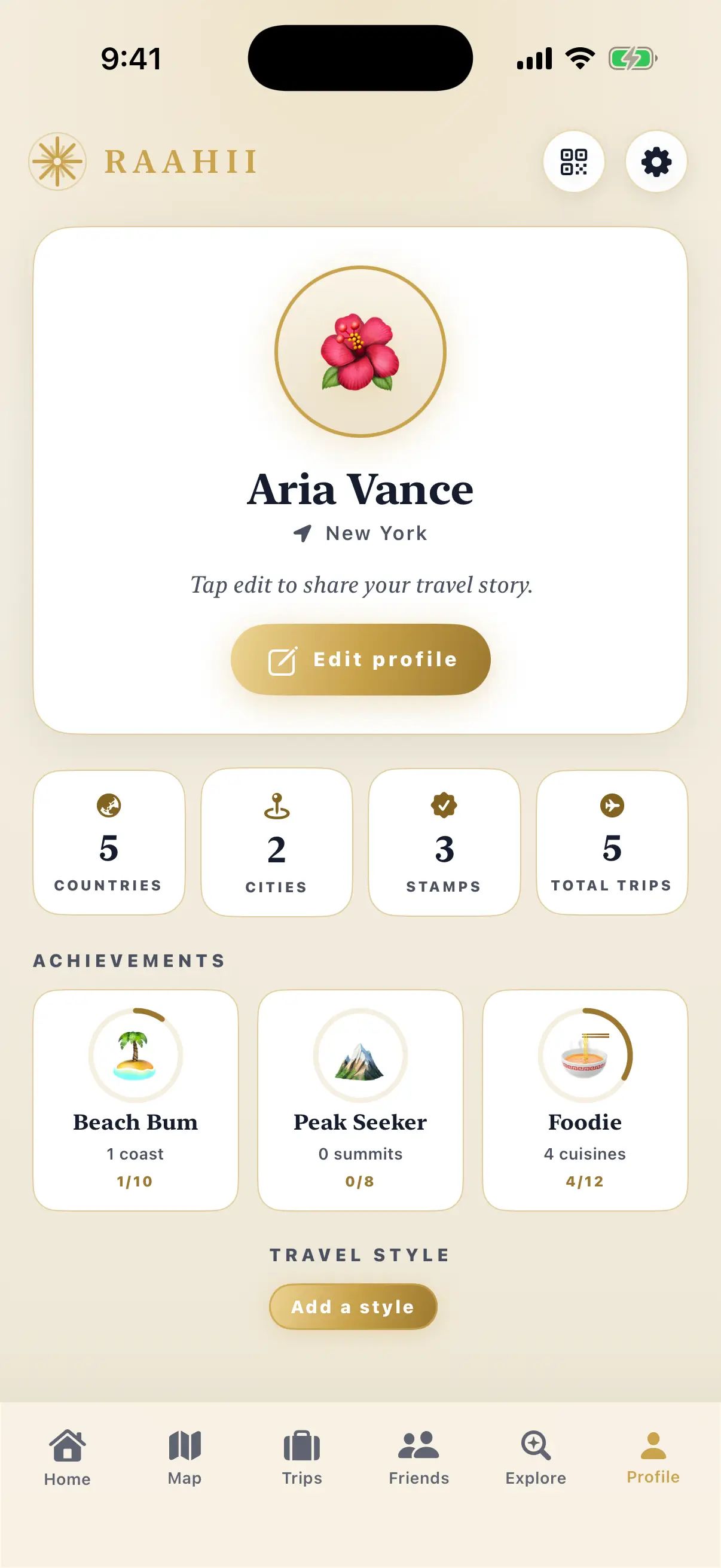 RAAHII profile screen for Aria Vance showing collected stamps and travel achievements