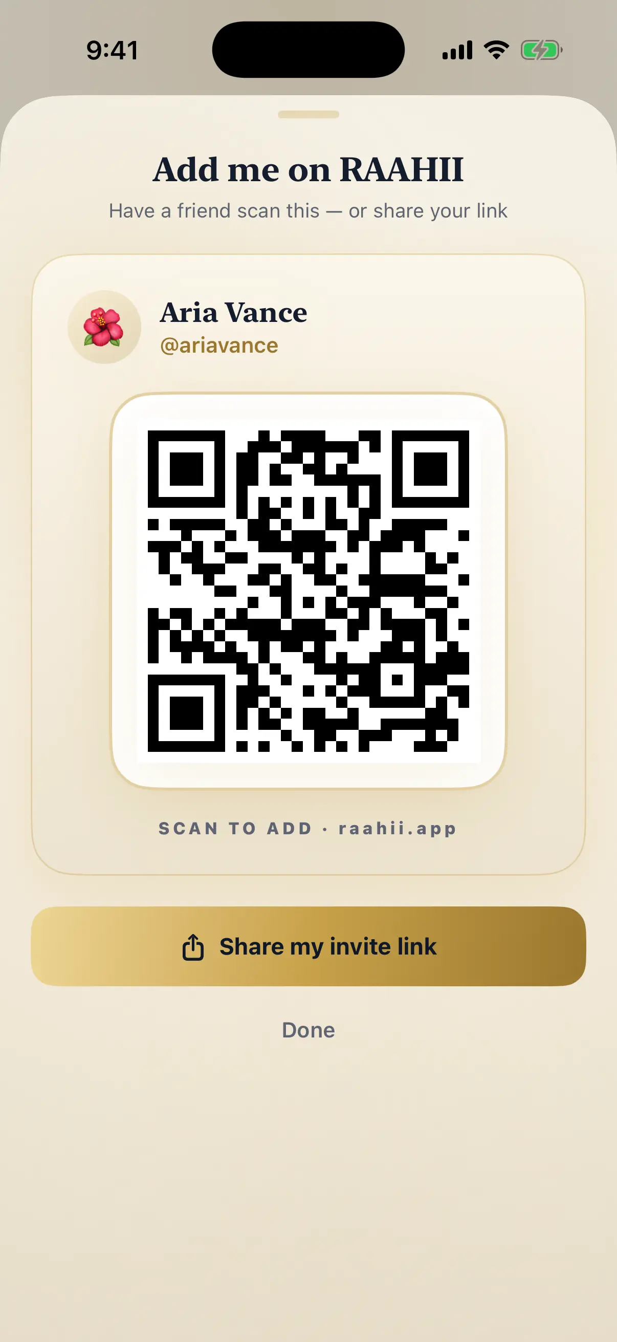 RAAHII My Code screen showing Aria Vance's handle and a QR code to scan and add as a friend