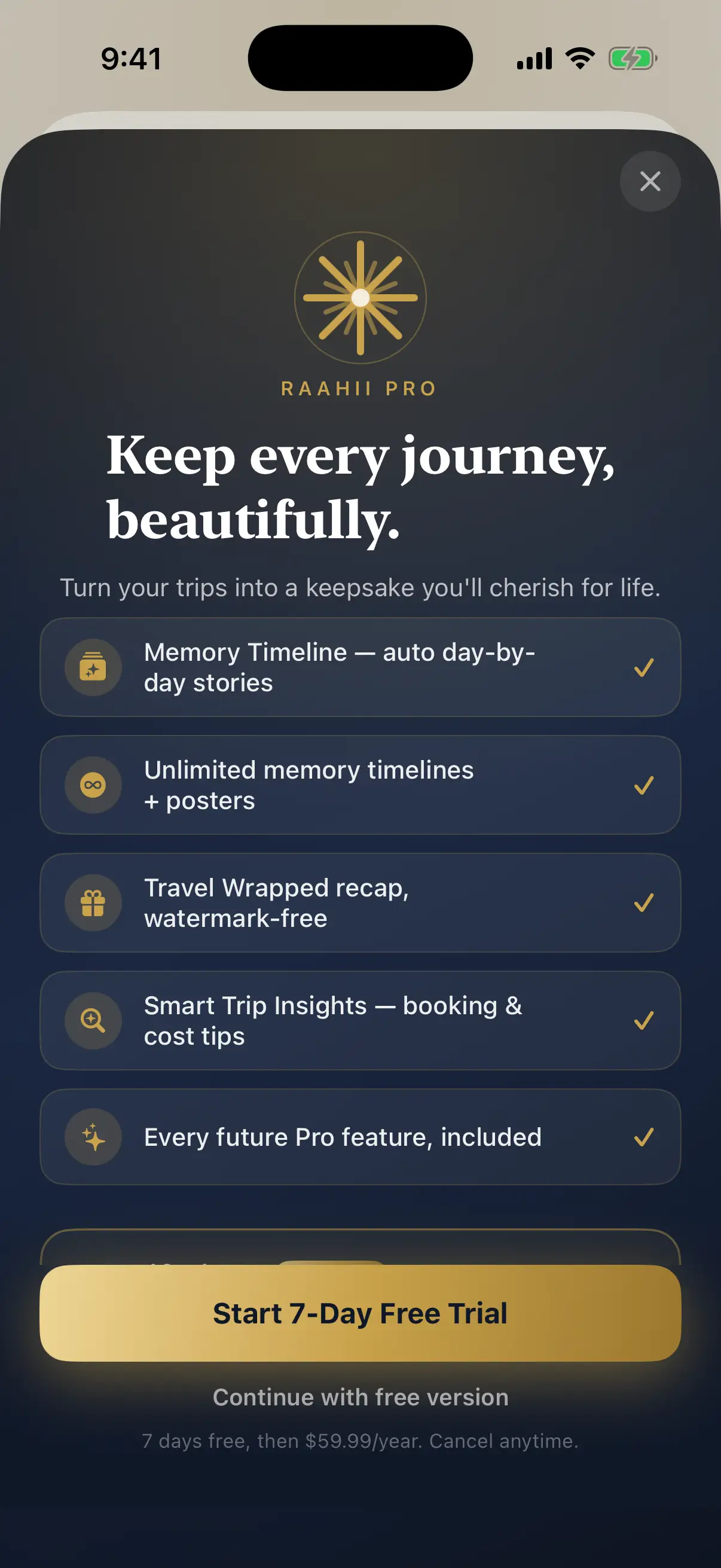 RAAHII Pro paywall screen listing the premium feature checklist