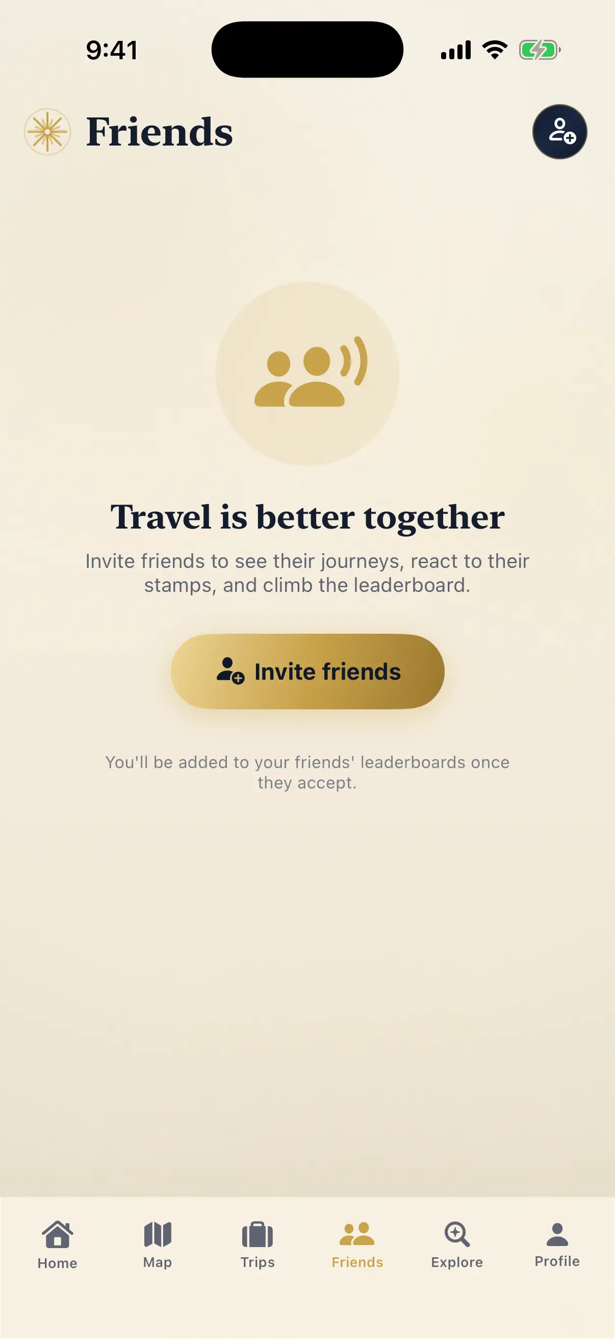 RAAHII friends screen with the empty-state message that travel is better together