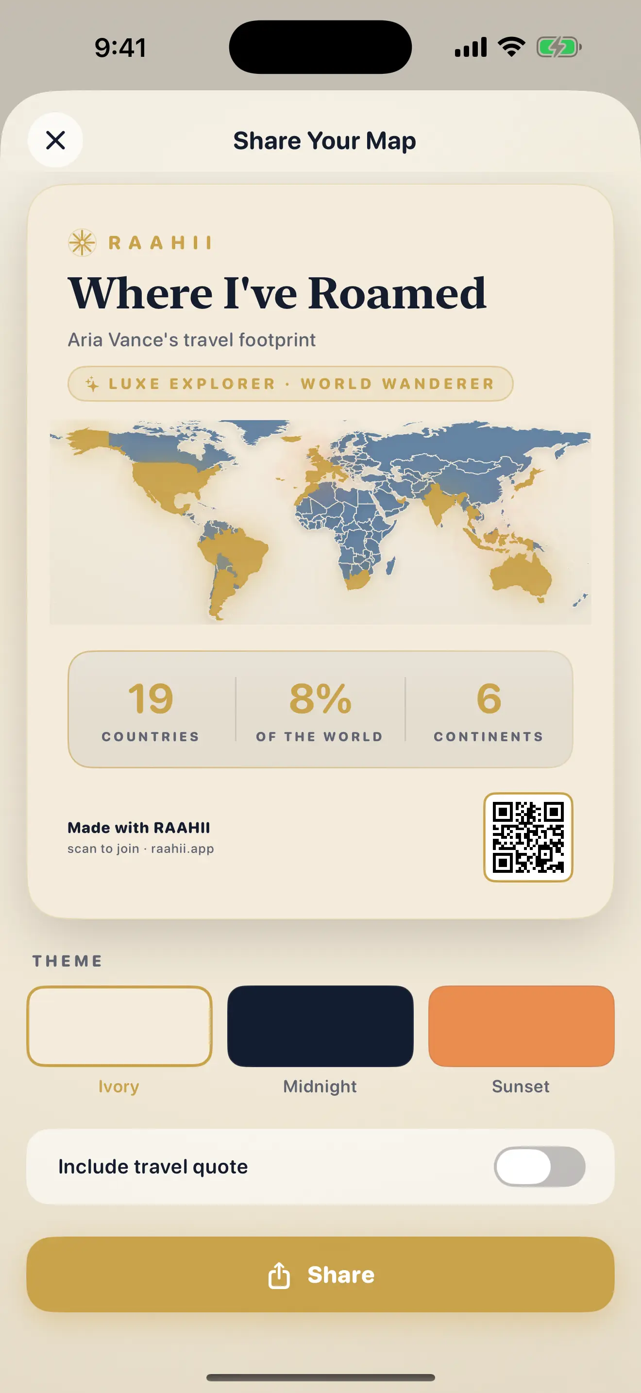 Share Your Map card in the ivory theme: 19 countries, 8% of the world, 6 continents